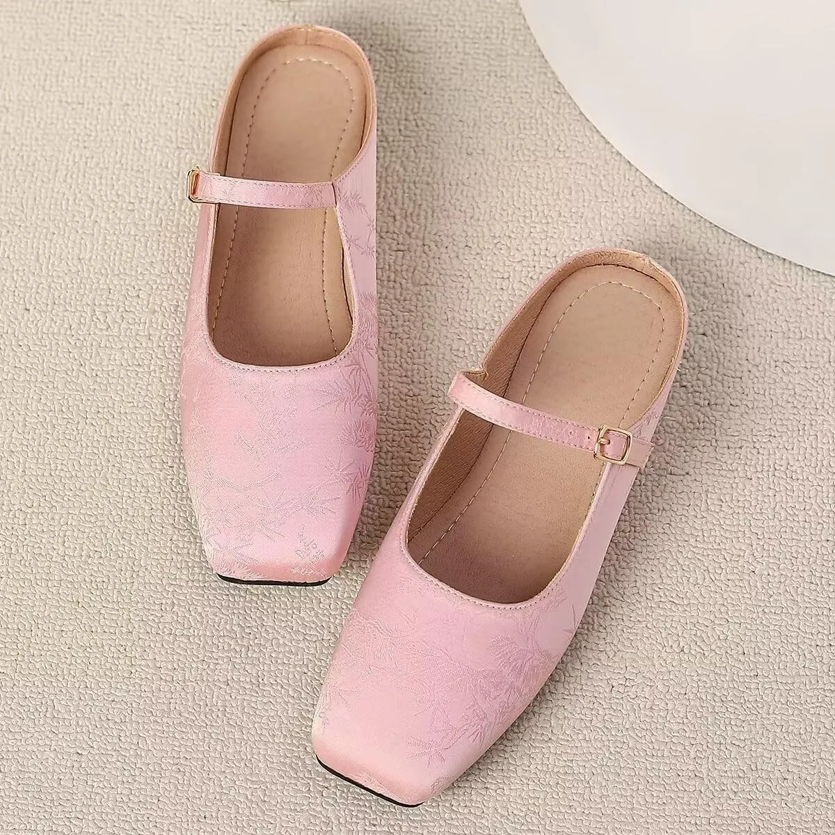 Women Mules Elegant Dressy Flats Closed Toe Microfiber Leather Shoes Adjustable Buckle Strap Mary Jane Casual Office Shoes