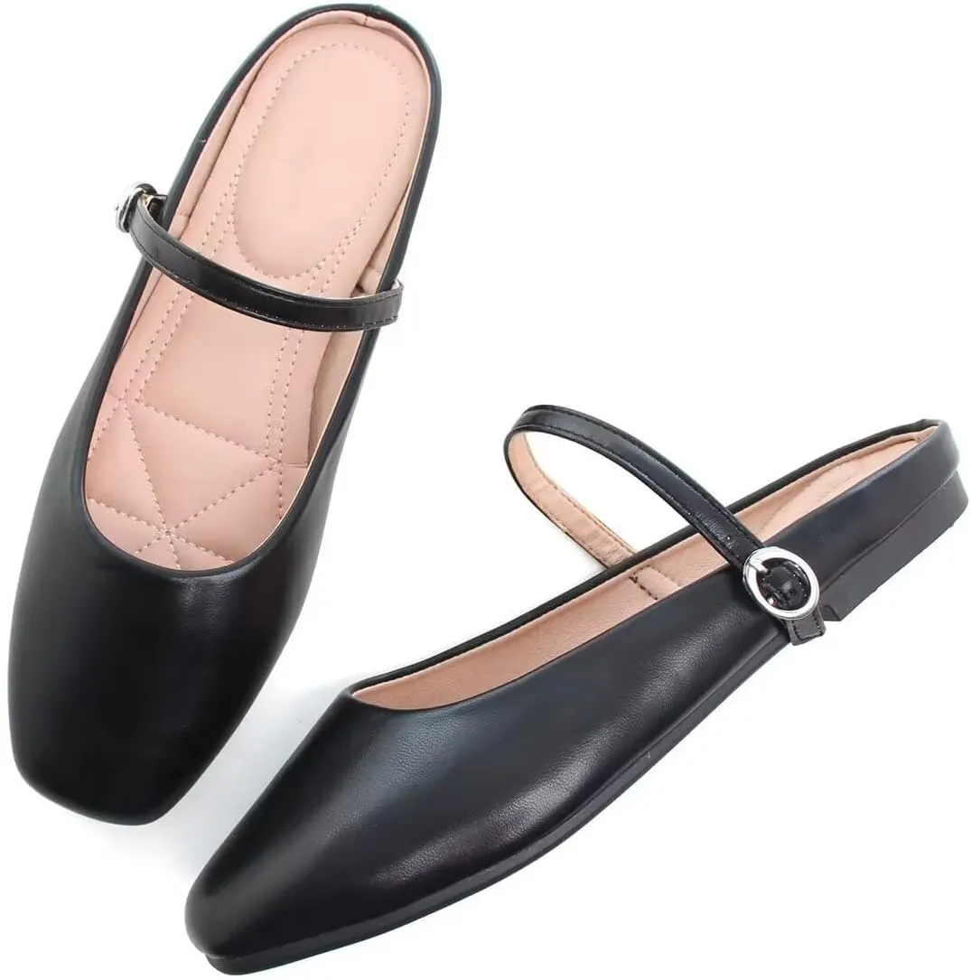 Women Mules Elegant Dressy Flats Closed Toe Microfiber Leather Shoes Adjustable Buckle Strap Mary Jane Casual Office Shoes