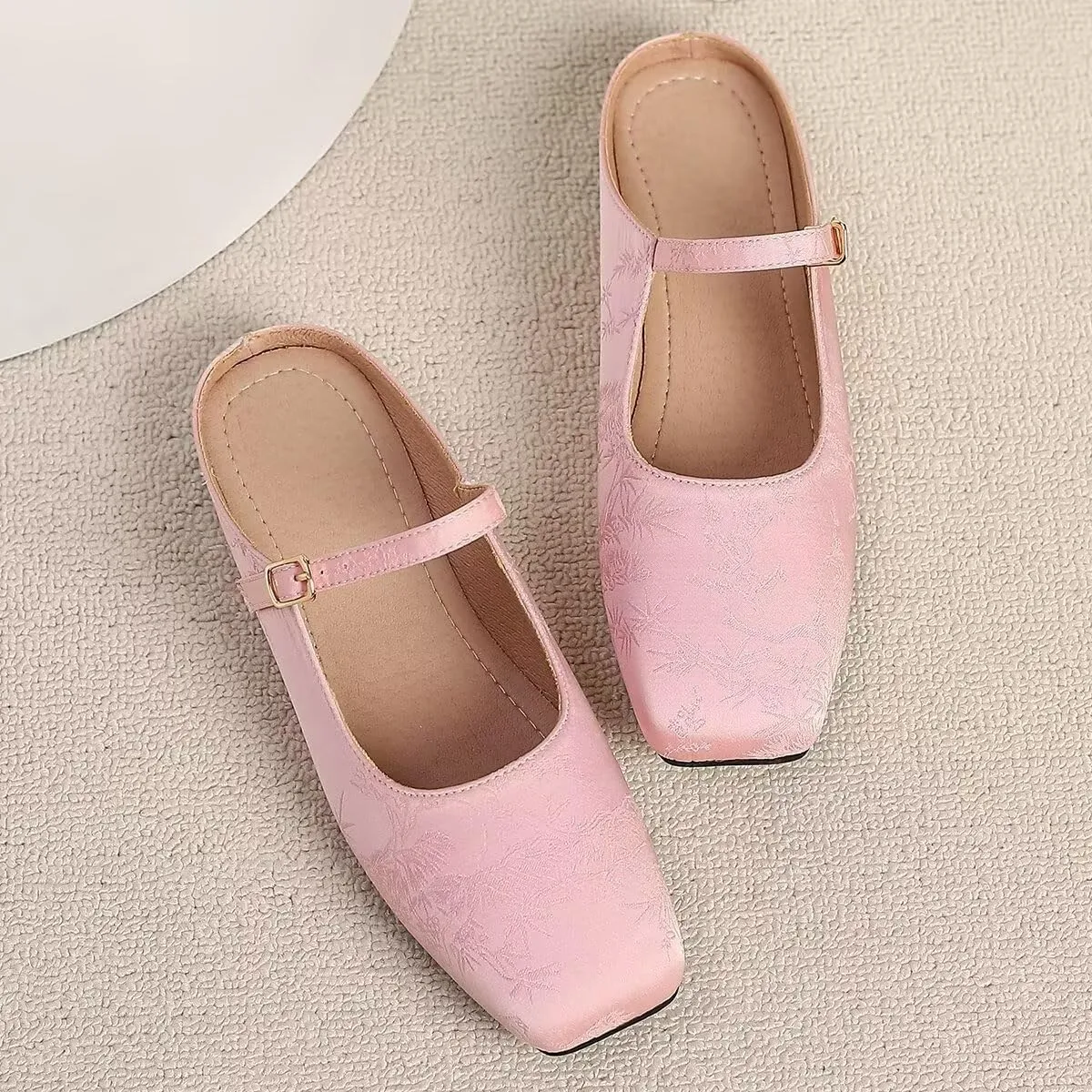 Women Mules Elegant Dressy Flats Closed Toe Microfiber Leather Shoes Adjustable Buckle Strap Mary Jane Casual Office Shoes