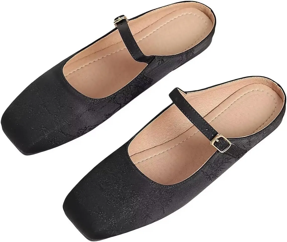 Women Mules Elegant Dressy Flats Closed Toe Microfiber Leather Shoes Adjustable Buckle Strap Mary Jane Casual Office Shoes