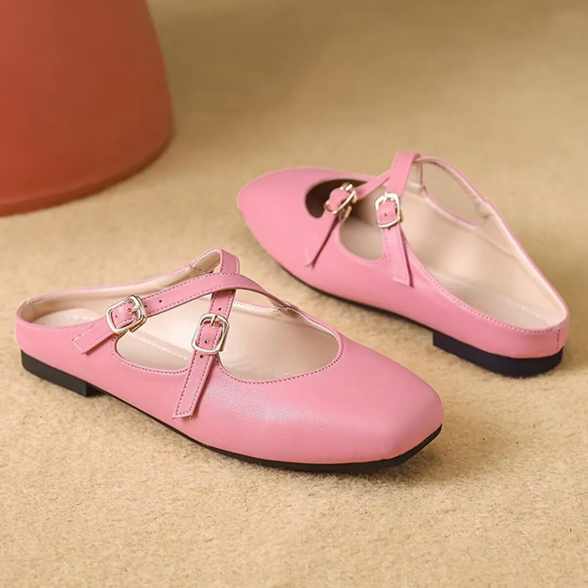 Women Mules Elegant Dressy Flats Closed Toe Microfiber Leather Shoes Adjustable Buckle Strap Mary Jane Casual Office Shoes