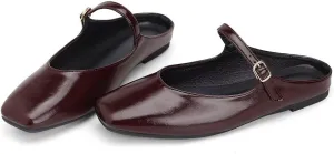 Women Mules Elegant Dressy Flats Closed Toe Microfiber Leather Shoes Adjustable Buckle Strap Mary Jane Casual Office Shoes