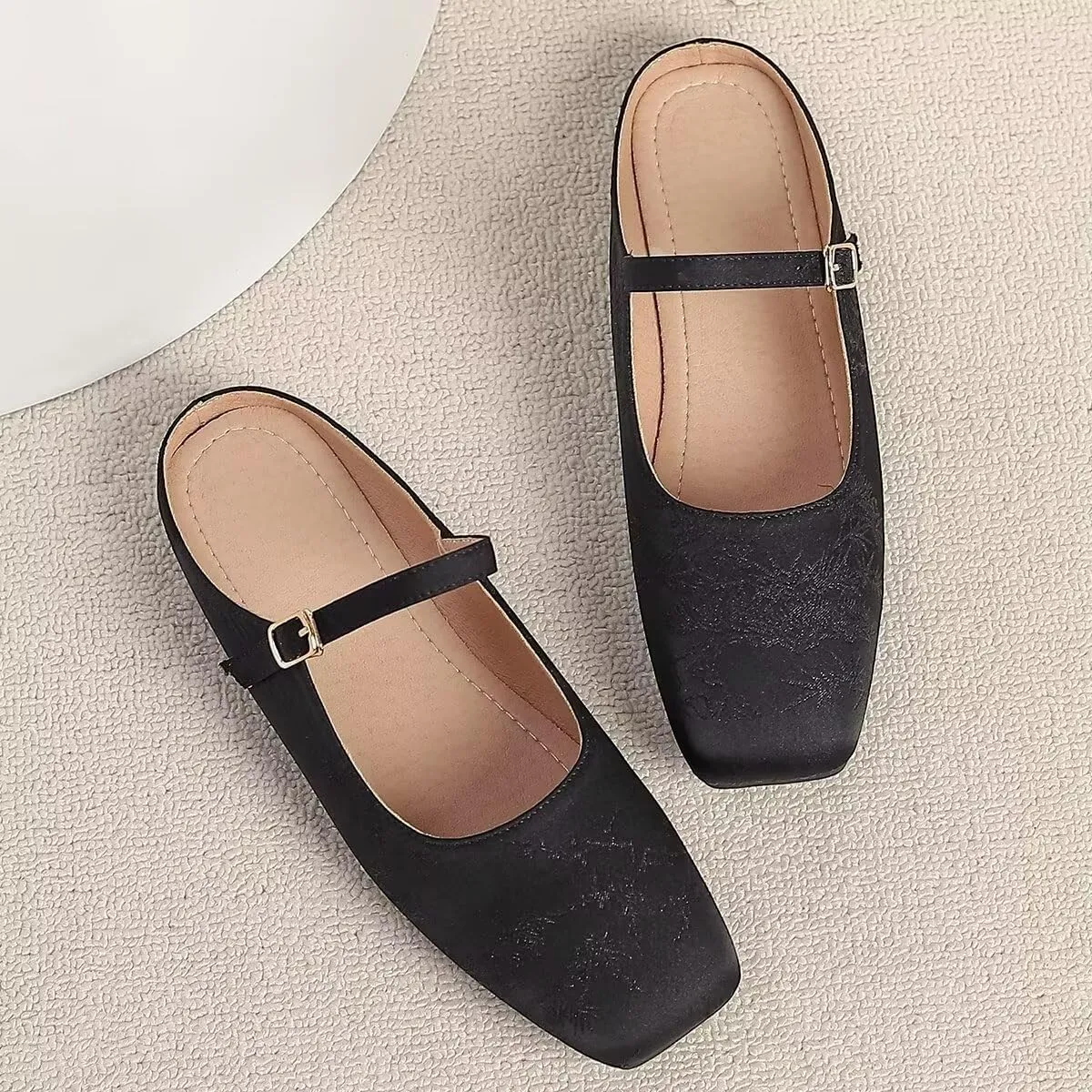 Women Mules Elegant Dressy Flats Closed Toe Microfiber Leather Shoes Adjustable Buckle Strap Mary Jane Casual Office Shoes