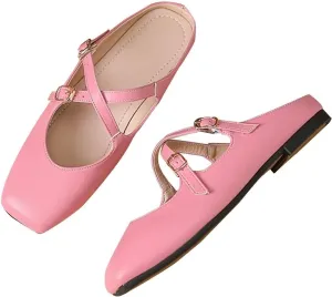 Women Mules Elegant Dressy Flats Closed Toe Microfiber Leather Shoes Adjustable Buckle Strap Mary Jane Casual Office Shoes