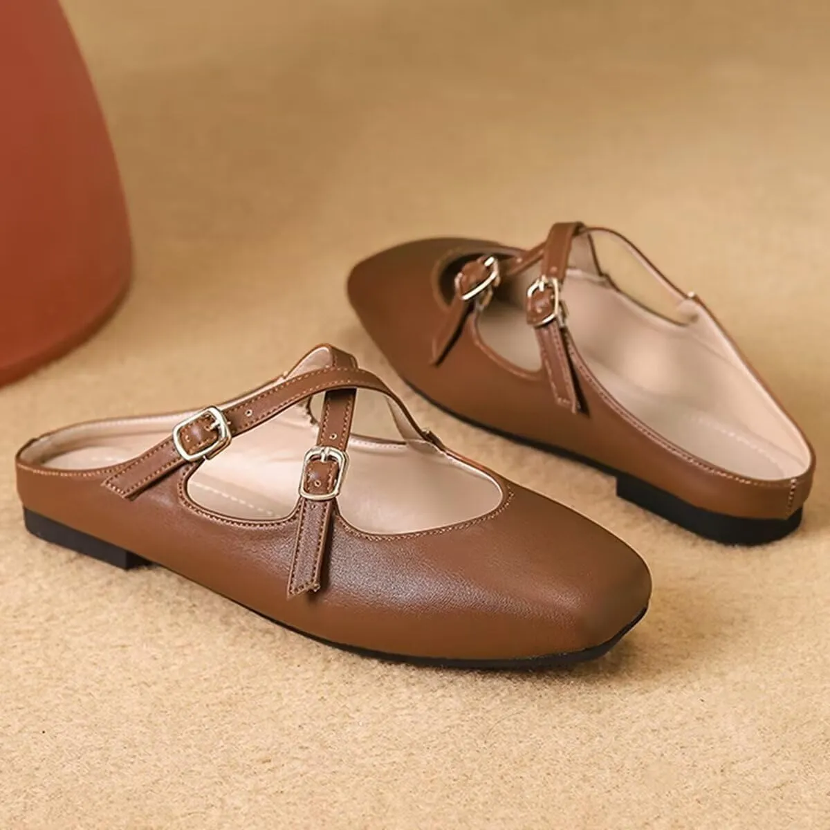 Women Mules Elegant Dressy Flats Closed Toe Microfiber Leather Shoes Adjustable Buckle Strap Mary Jane Casual Office Shoes