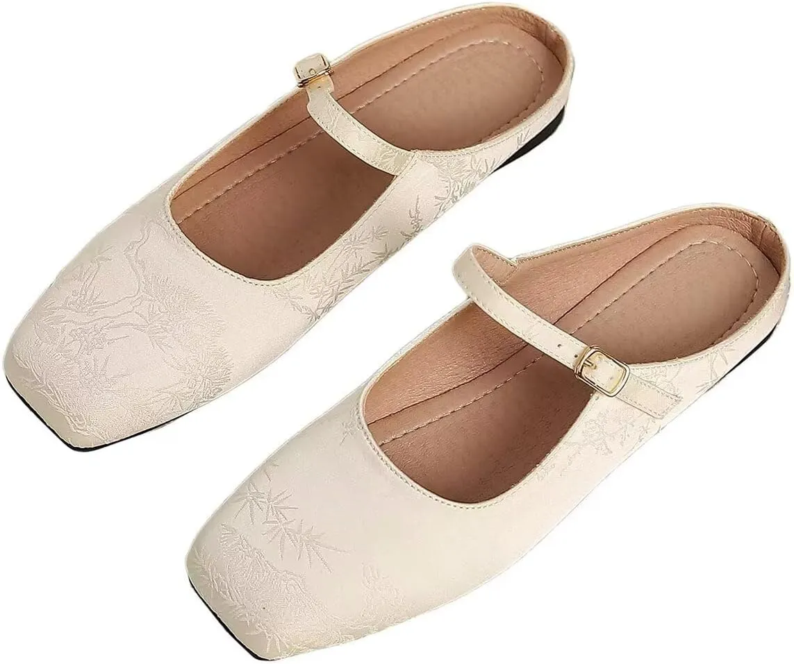 Women Mules Elegant Dressy Flats Closed Toe Microfiber Leather Shoes Adjustable Buckle Strap Mary Jane Casual Office Shoes