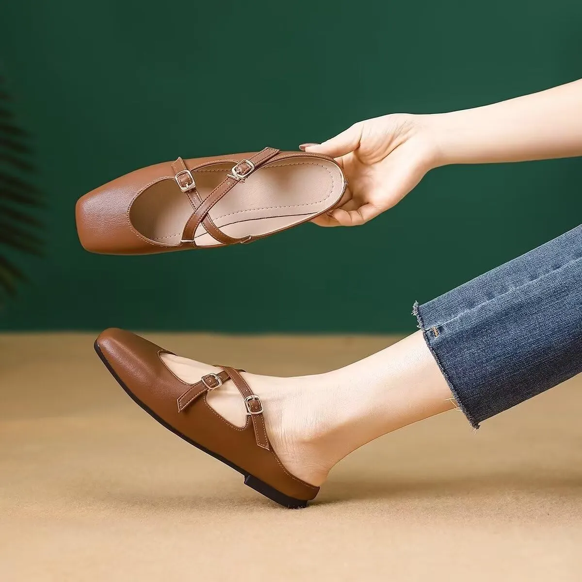 Women Mules Elegant Dressy Flats Closed Toe Microfiber Leather Shoes Adjustable Buckle Strap Mary Jane Casual Office Shoes