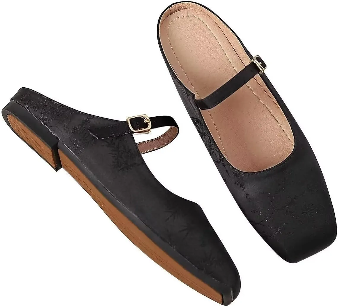 Women Mules Elegant Dressy Flats Closed Toe Microfiber Leather Shoes Adjustable Buckle Strap Mary Jane Casual Office Shoes
