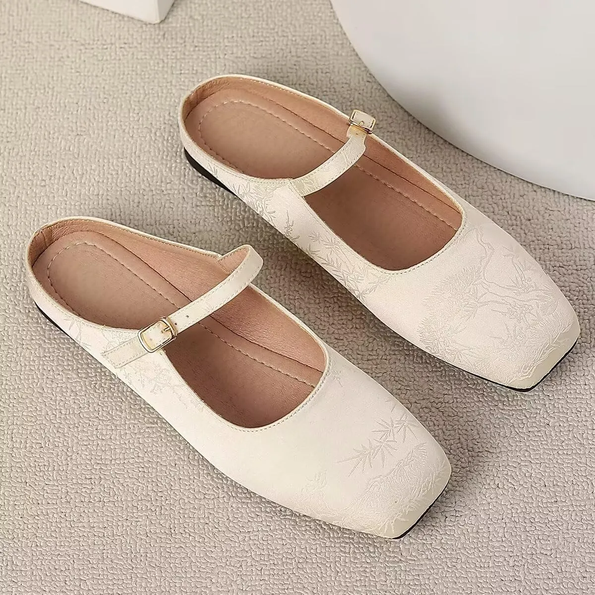 Women Mules Elegant Dressy Flats Closed Toe Microfiber Leather Shoes Adjustable Buckle Strap Mary Jane Casual Office Shoes