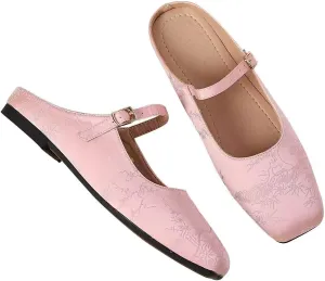 Women Mules Elegant Dressy Flats Closed Toe Microfiber Leather Shoes Adjustable Buckle Strap Mary Jane Casual Office Shoes
