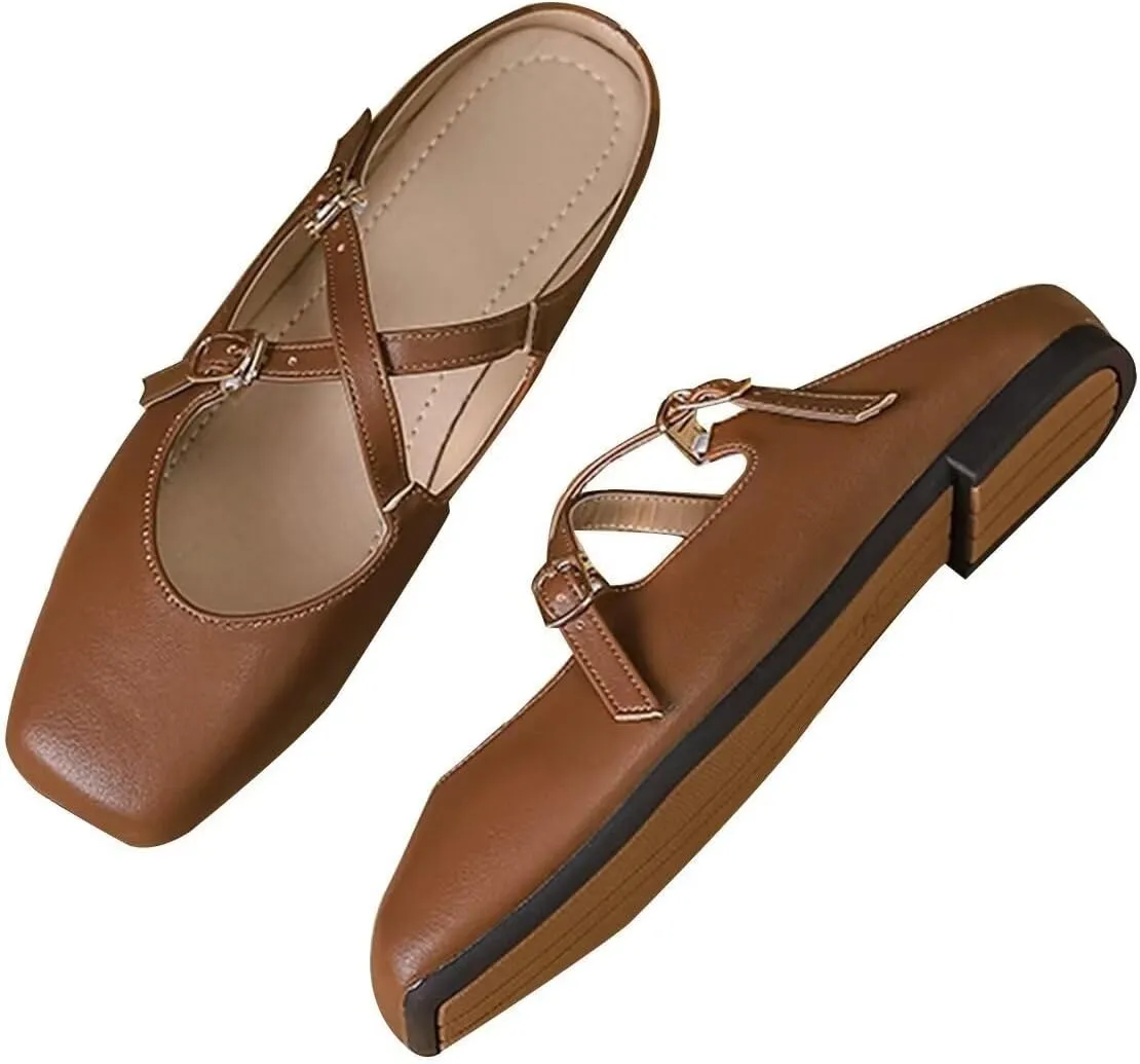 Women Mules Elegant Dressy Flats Closed Toe Microfiber Leather Shoes Adjustable Buckle Strap Mary Jane Casual Office Shoes