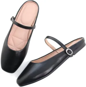 Women Mules Elegant Dressy Flats Closed Toe Microfiber Leather Shoes Adjustable Buckle Strap Mary Jane Casual Office Shoes