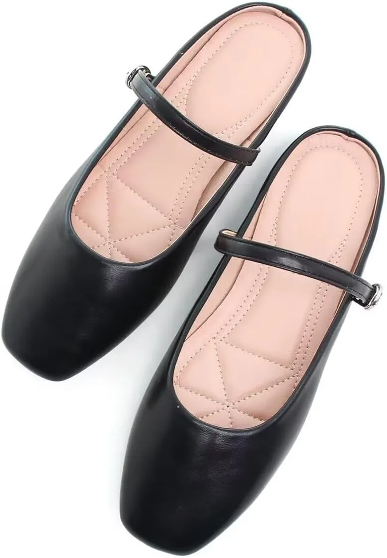 Women Mules Elegant Dressy Flats Closed Toe Microfiber Leather Shoes Adjustable Buckle Strap Mary Jane Casual Office Shoes