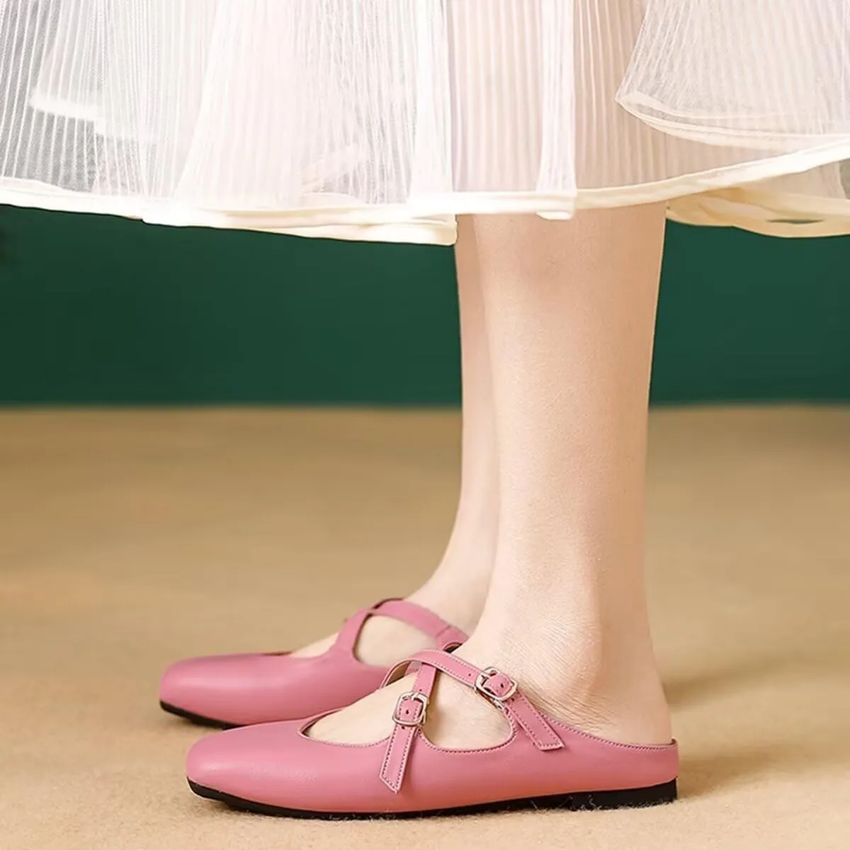 Women Mules Elegant Dressy Flats Closed Toe Microfiber Leather Shoes Adjustable Buckle Strap Mary Jane Casual Office Shoes