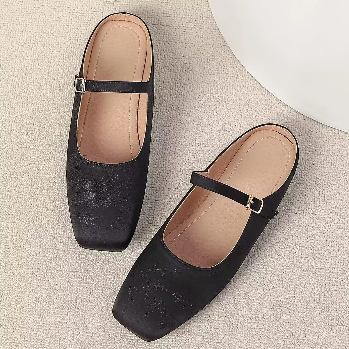 Women Mules Elegant Dressy Flats Closed Toe Microfiber Leather Shoes Adjustable Buckle Strap Mary Jane Casual Office Shoes