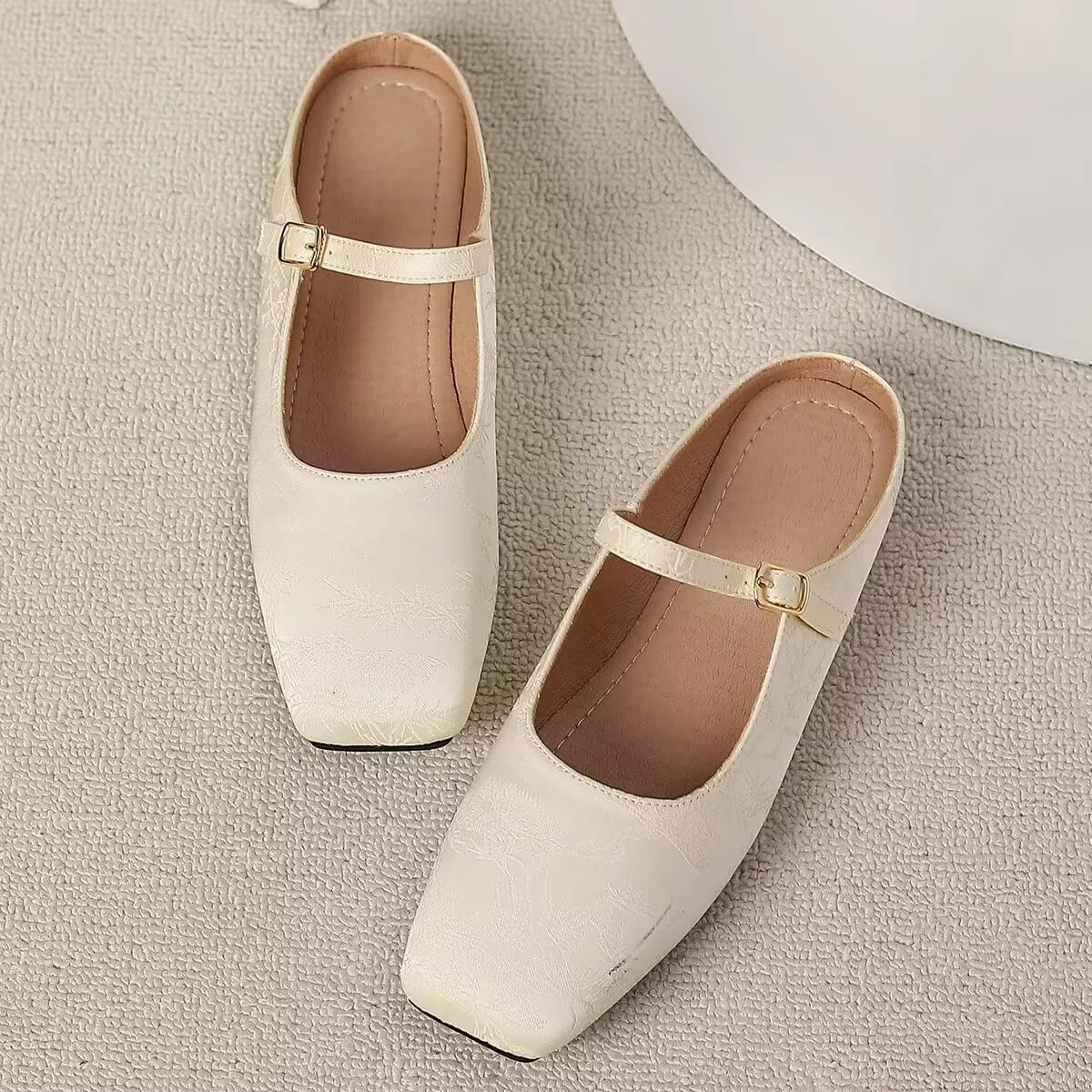 Women Mules Elegant Dressy Flats Closed Toe Microfiber Leather Shoes Adjustable Buckle Strap Mary Jane Casual Office Shoes
