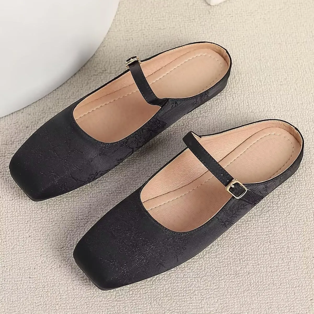 Women Mules Elegant Dressy Flats Closed Toe Microfiber Leather Shoes Adjustable Buckle Strap Mary Jane Casual Office Shoes