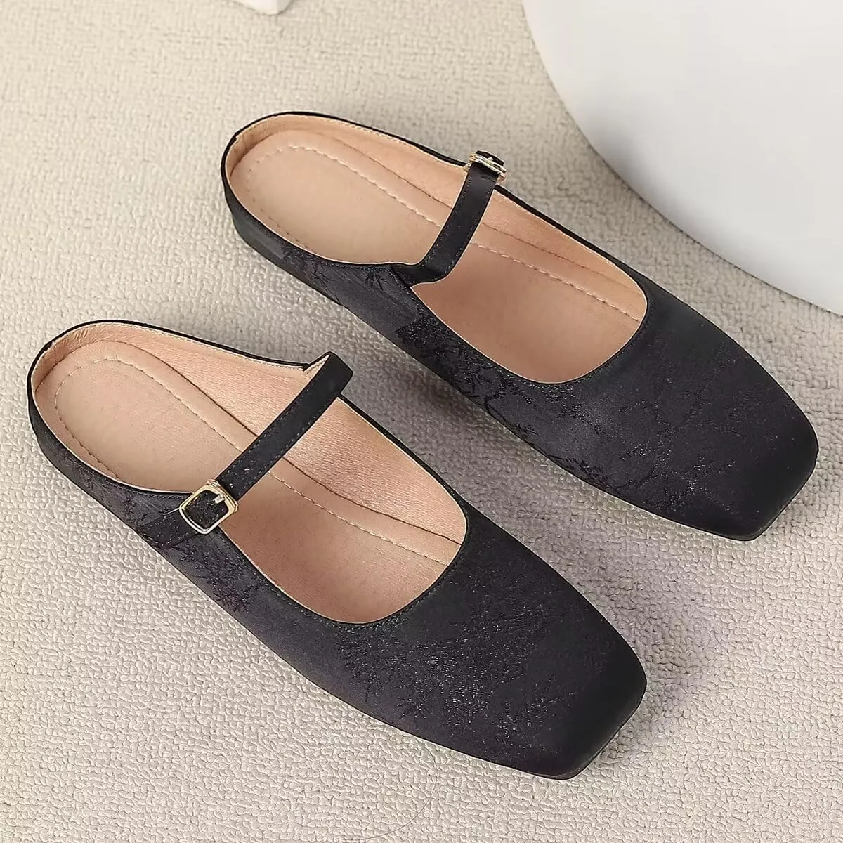 Women Mules Elegant Dressy Flats Closed Toe Microfiber Leather Shoes Adjustable Buckle Strap Mary Jane Casual Office Shoes