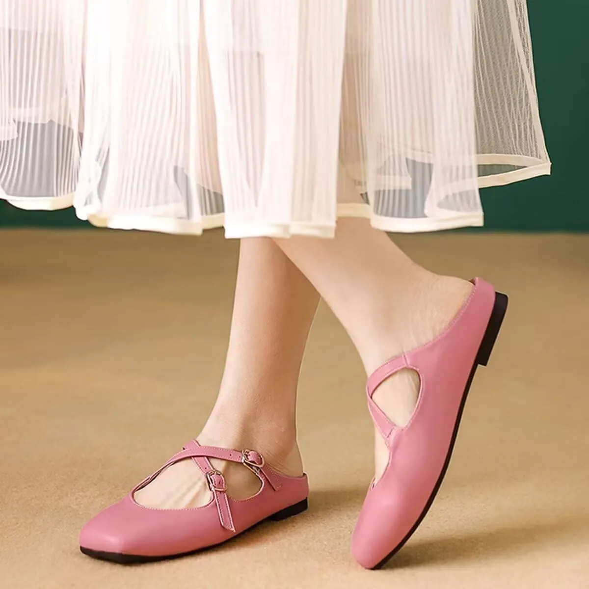 Women Mules Elegant Dressy Flats Closed Toe Microfiber Leather Shoes Adjustable Buckle Strap Mary Jane Casual Office Shoes