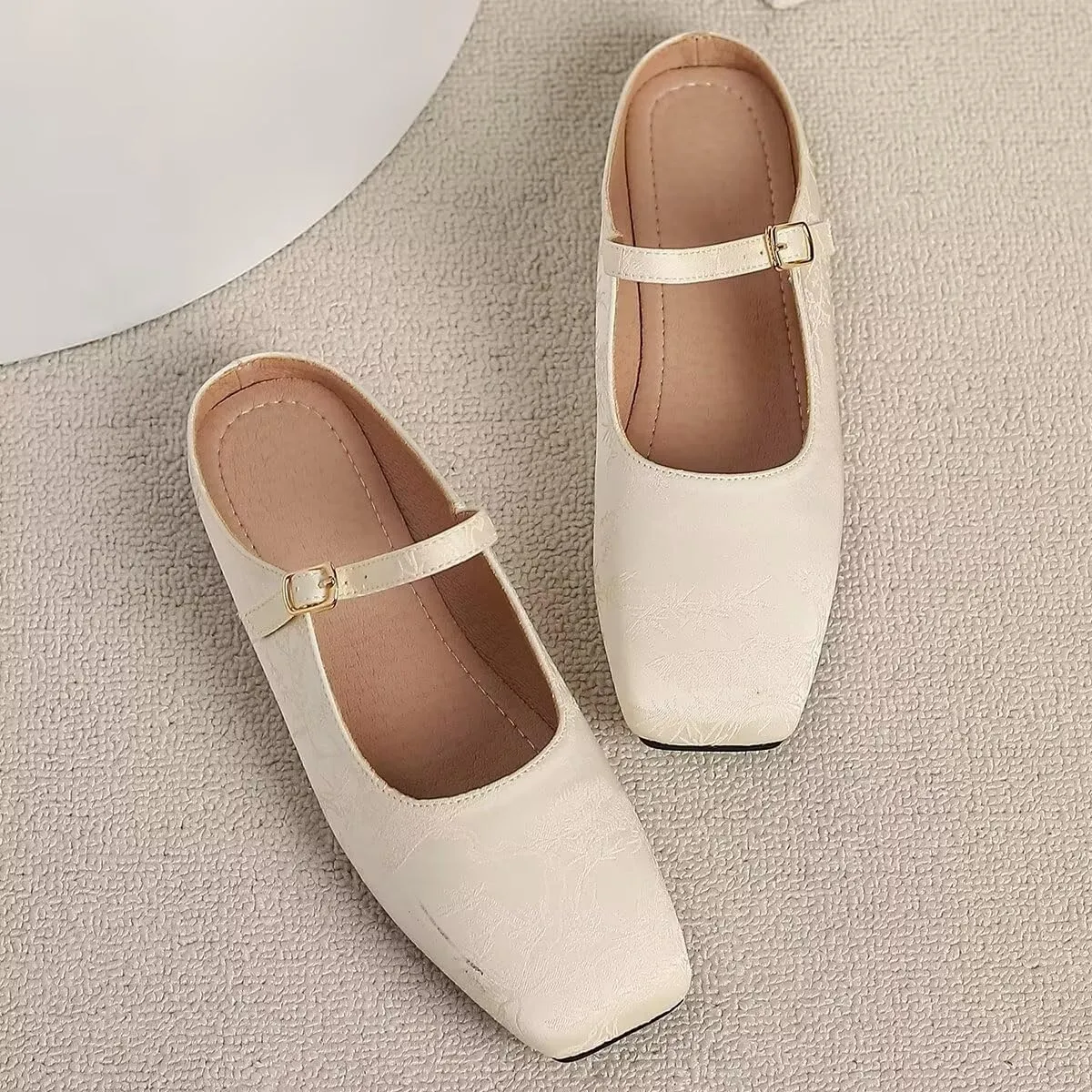 Women Mules Elegant Dressy Flats Closed Toe Microfiber Leather Shoes Adjustable Buckle Strap Mary Jane Casual Office Shoes