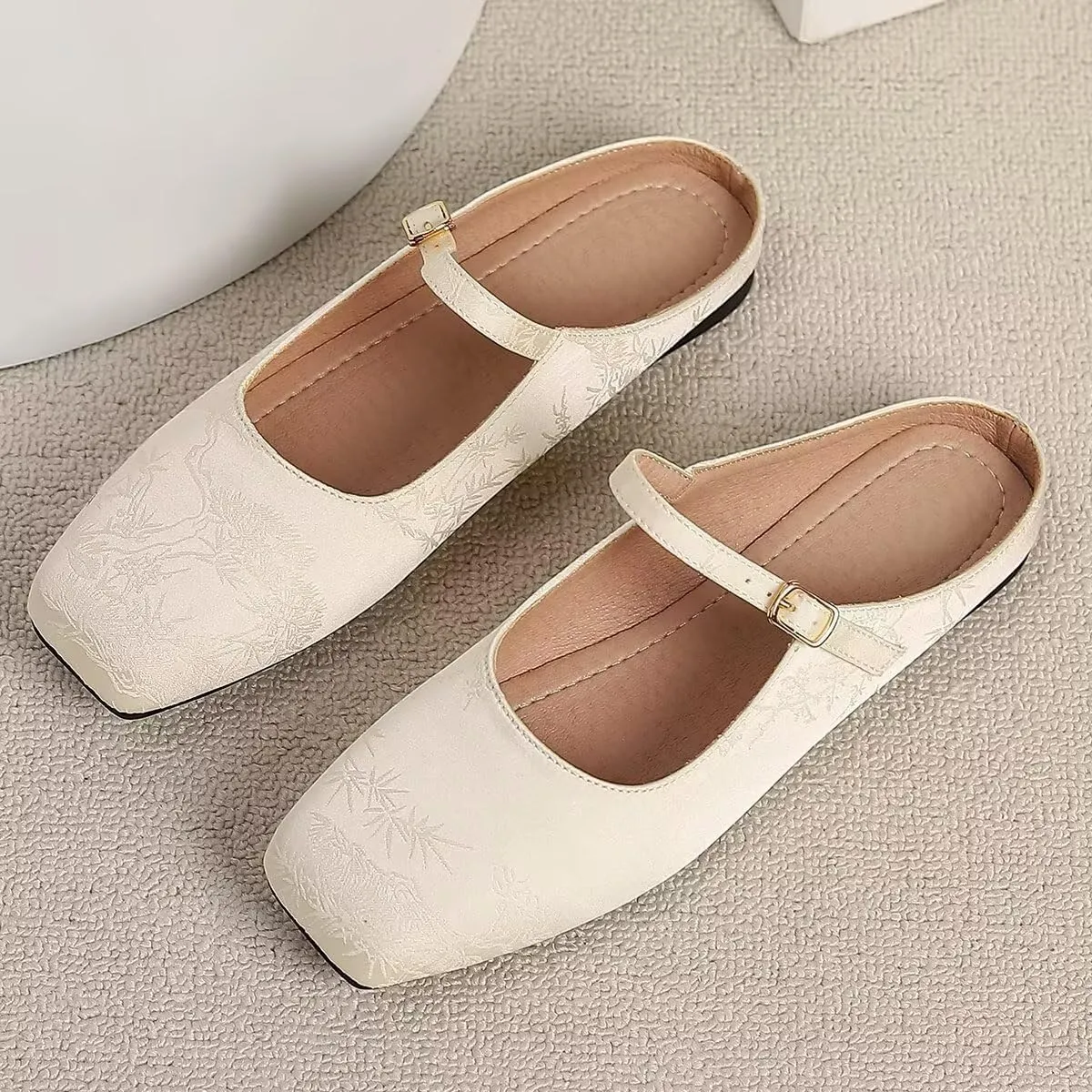 Women Mules Elegant Dressy Flats Closed Toe Microfiber Leather Shoes Adjustable Buckle Strap Mary Jane Casual Office Shoes