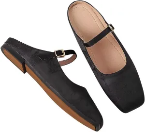 Women Mules Elegant Dressy Flats Closed Toe Microfiber Leather Shoes Adjustable Buckle Strap Mary Jane Casual Office Shoes