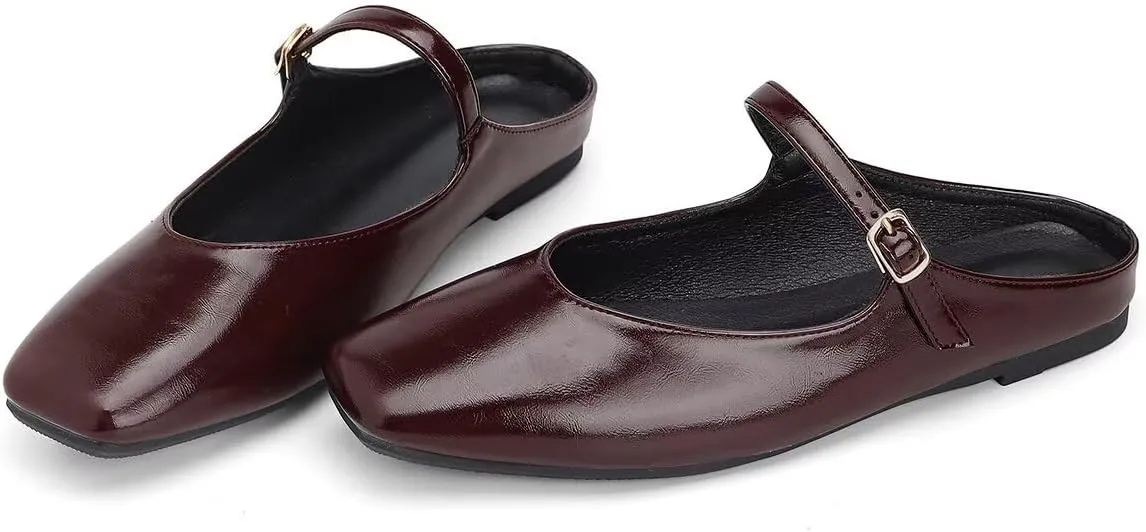 Women Mules Elegant Dressy Flats Closed Toe Microfiber Leather Shoes Adjustable Buckle Strap Mary Jane Casual Office Shoes
