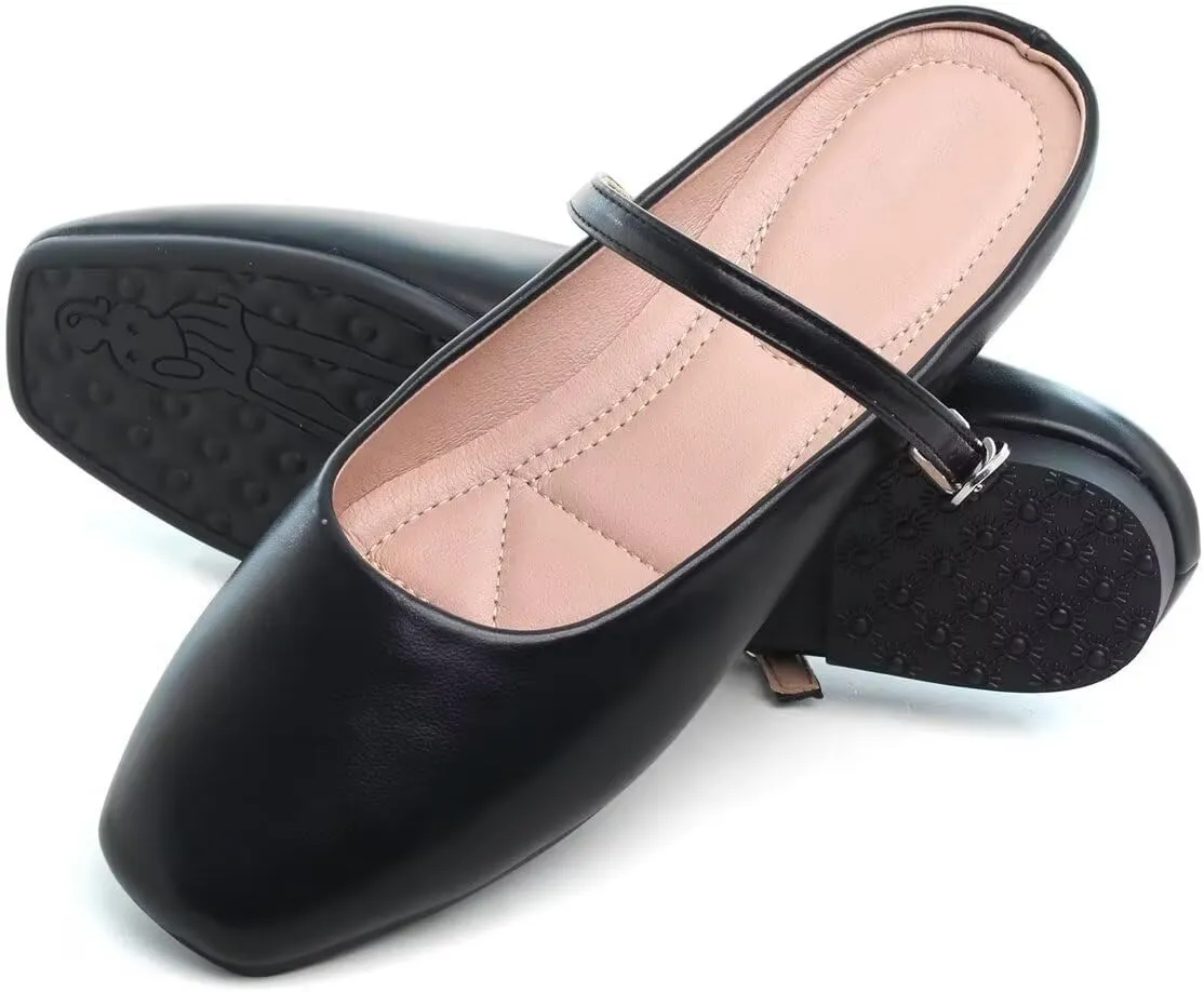 Women Mules Elegant Dressy Flats Closed Toe Microfiber Leather Shoes Adjustable Buckle Strap Mary Jane Casual Office Shoes