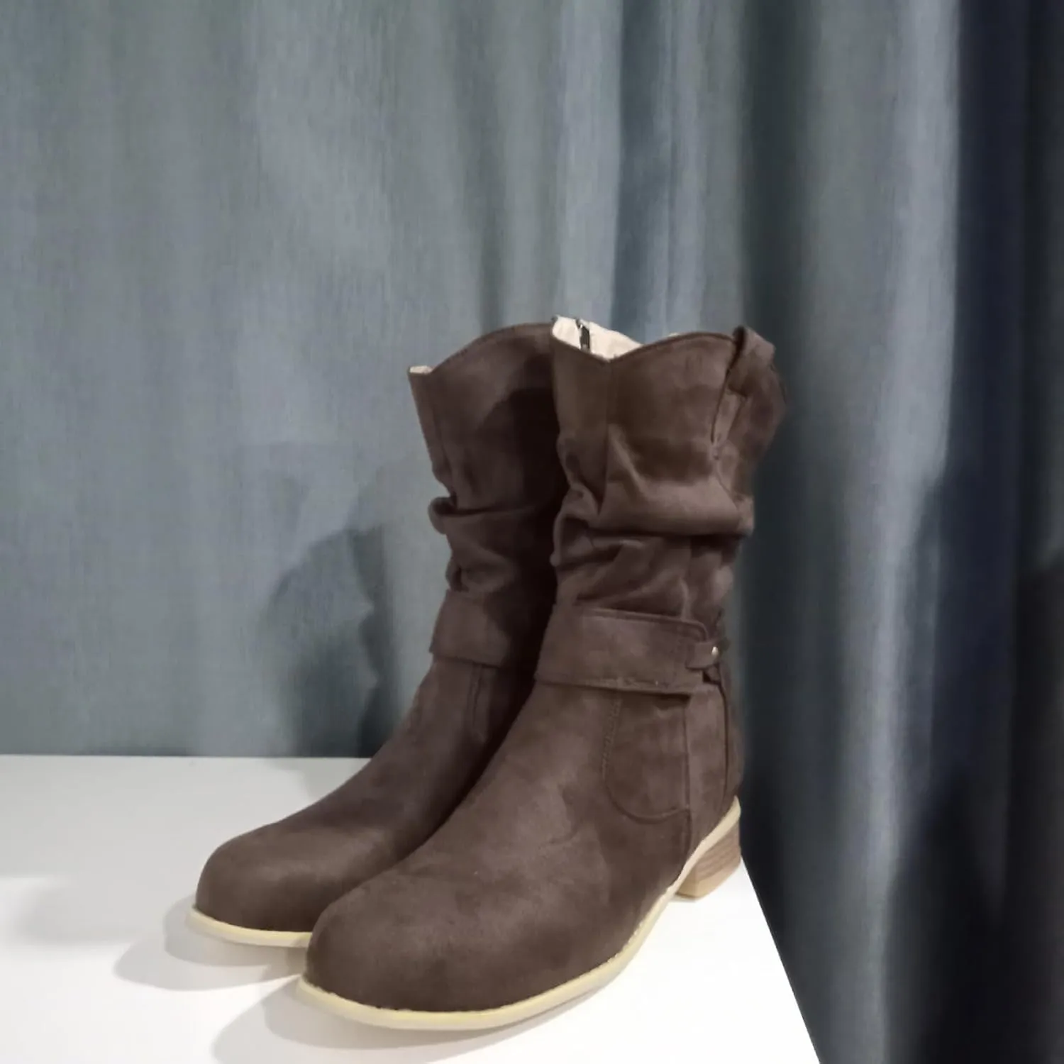Womens Ankle Cowboy Boots Closed Toe Stacked Heel Booties Shoes Western Round Toe Suede Wide Width Flat Womens Boots Mid Calf Slouchy Winter Boots for Women