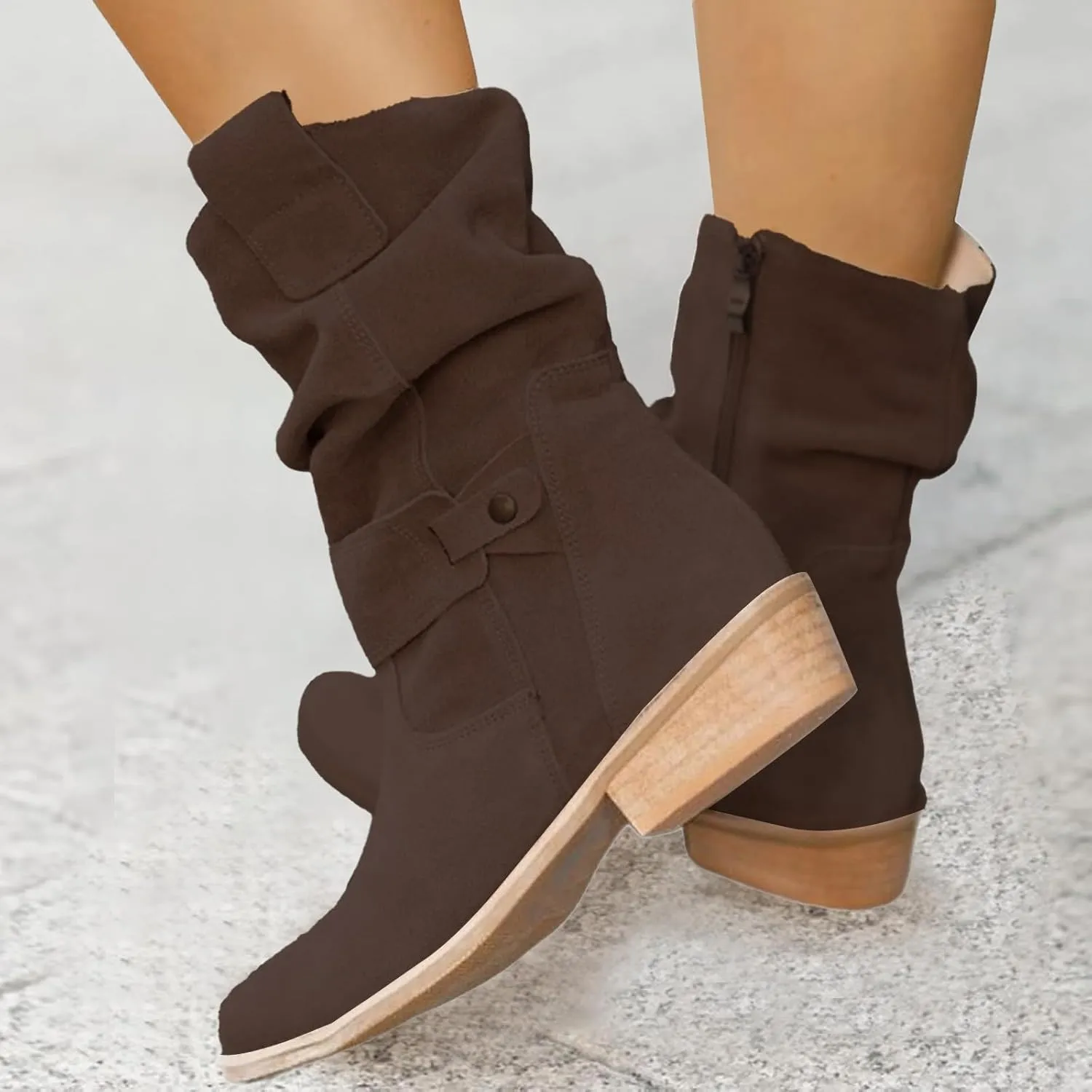 Womens Ankle Cowboy Boots Closed Toe Stacked Heel Booties Shoes Western Round Toe Suede Wide Width Flat Womens Boots Mid Calf Slouchy Winter Boots for Women