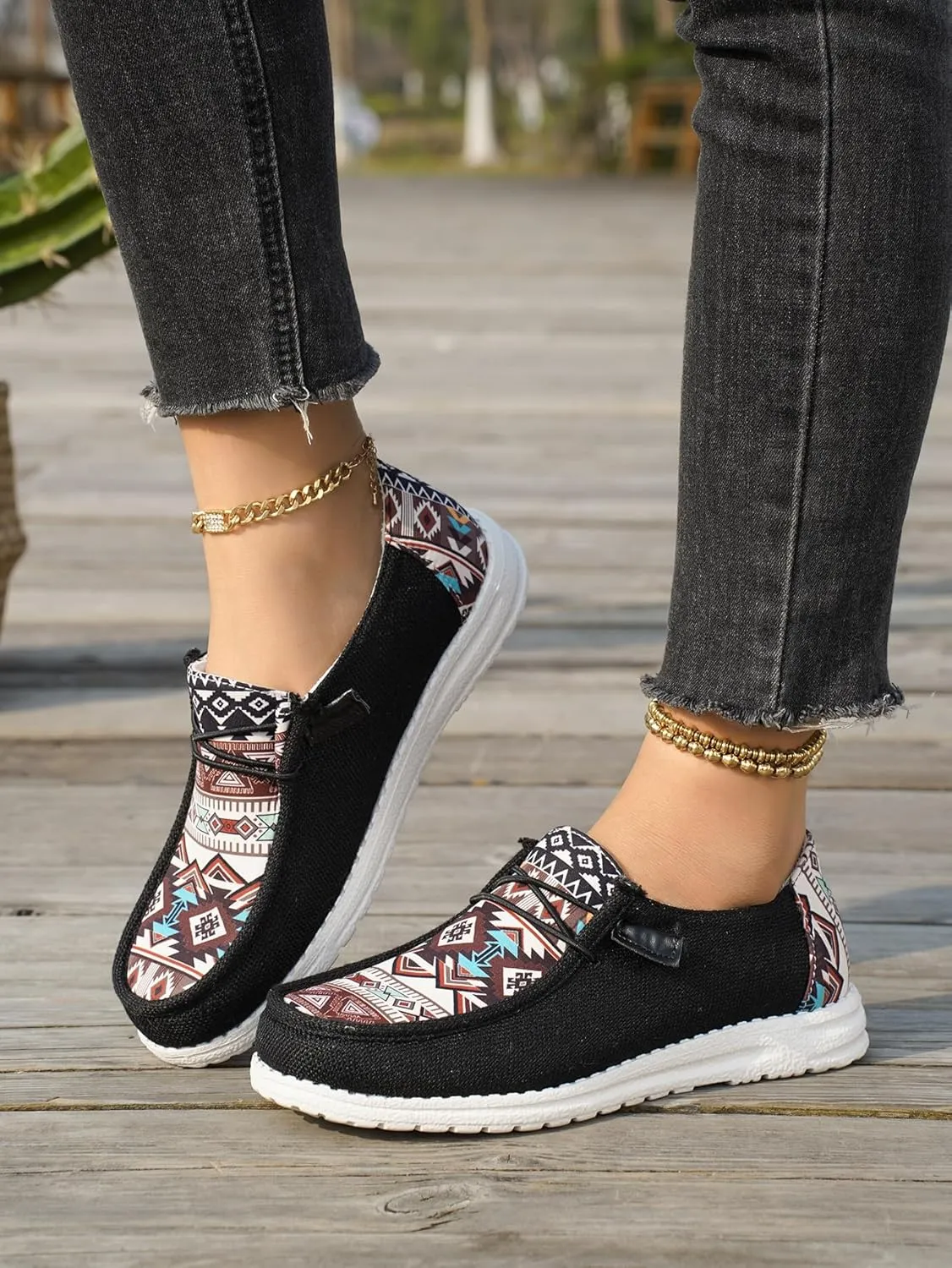 Women's Aztec Print Slip-On Loafers - Elastic Lace Comfort Shoes, Lightweight Foam Sole, Orthotic Support for Daily Wear, Trendy Casual Sneakers (US 6-11)