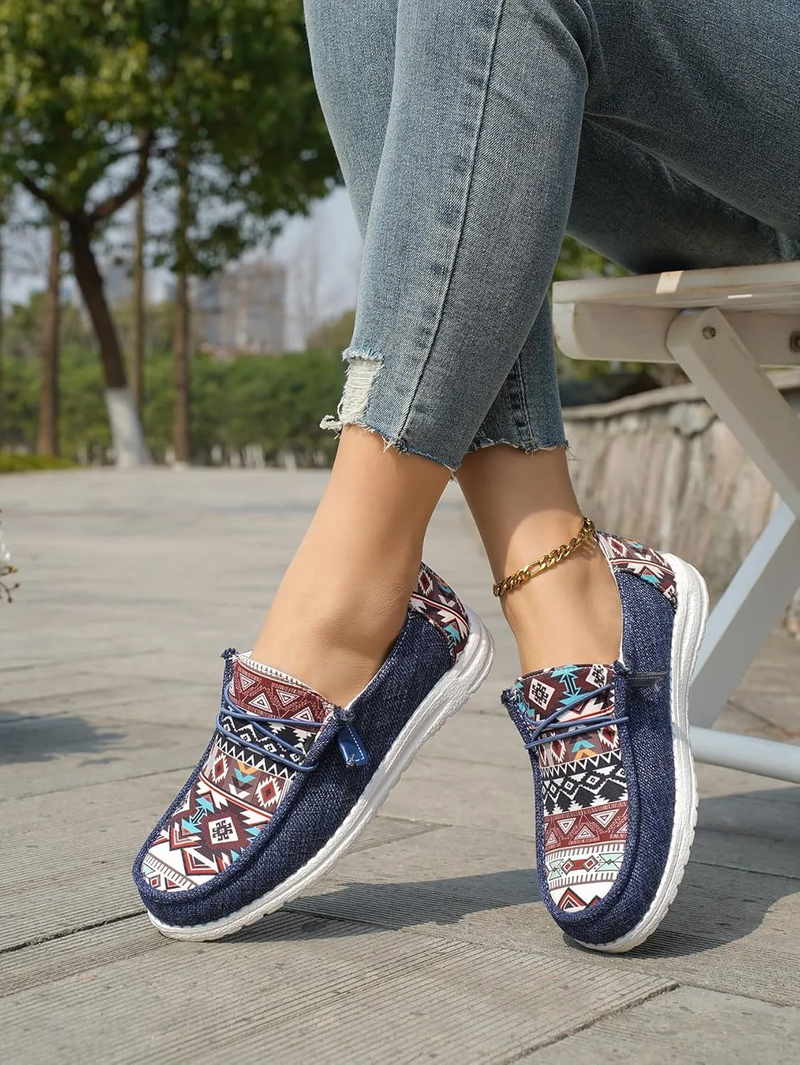 Women's Aztec Print Slip-On Loafers - Elastic Lace Comfort Shoes, Lightweight Foam Sole, Orthotic Support for Daily Wear, Trendy Casual Sneakers (US 6-11)