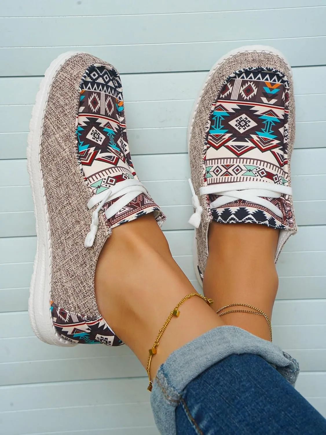 Women's Aztec Print Slip-On Loafers - Elastic Lace Comfort Shoes, Lightweight Foam Sole, Orthotic Support for Daily Wear, Trendy Casual Sneakers (US 6-11)