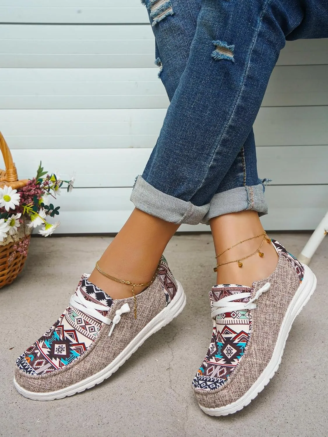 Women's Aztec Print Slip-On Loafers - Elastic Lace Comfort Shoes, Lightweight Foam Sole, Orthotic Support for Daily Wear, Trendy Casual Sneakers (US 6-11)