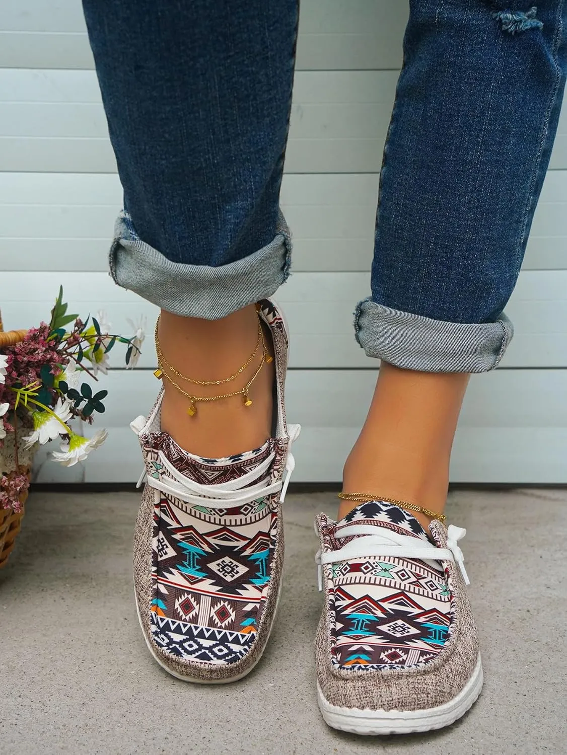 Women's Aztec Print Slip-On Loafers - Elastic Lace Comfort Shoes, Lightweight Foam Sole, Orthotic Support for Daily Wear, Trendy Casual Sneakers (US 6-11)