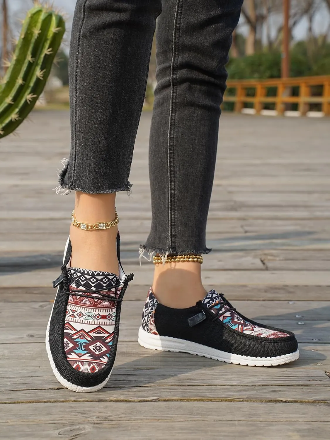 Women's Aztec Print Slip-On Loafers - Elastic Lace Comfort Shoes, Lightweight Foam Sole, Orthotic Support for Daily Wear, Trendy Casual Sneakers (US 6-11)