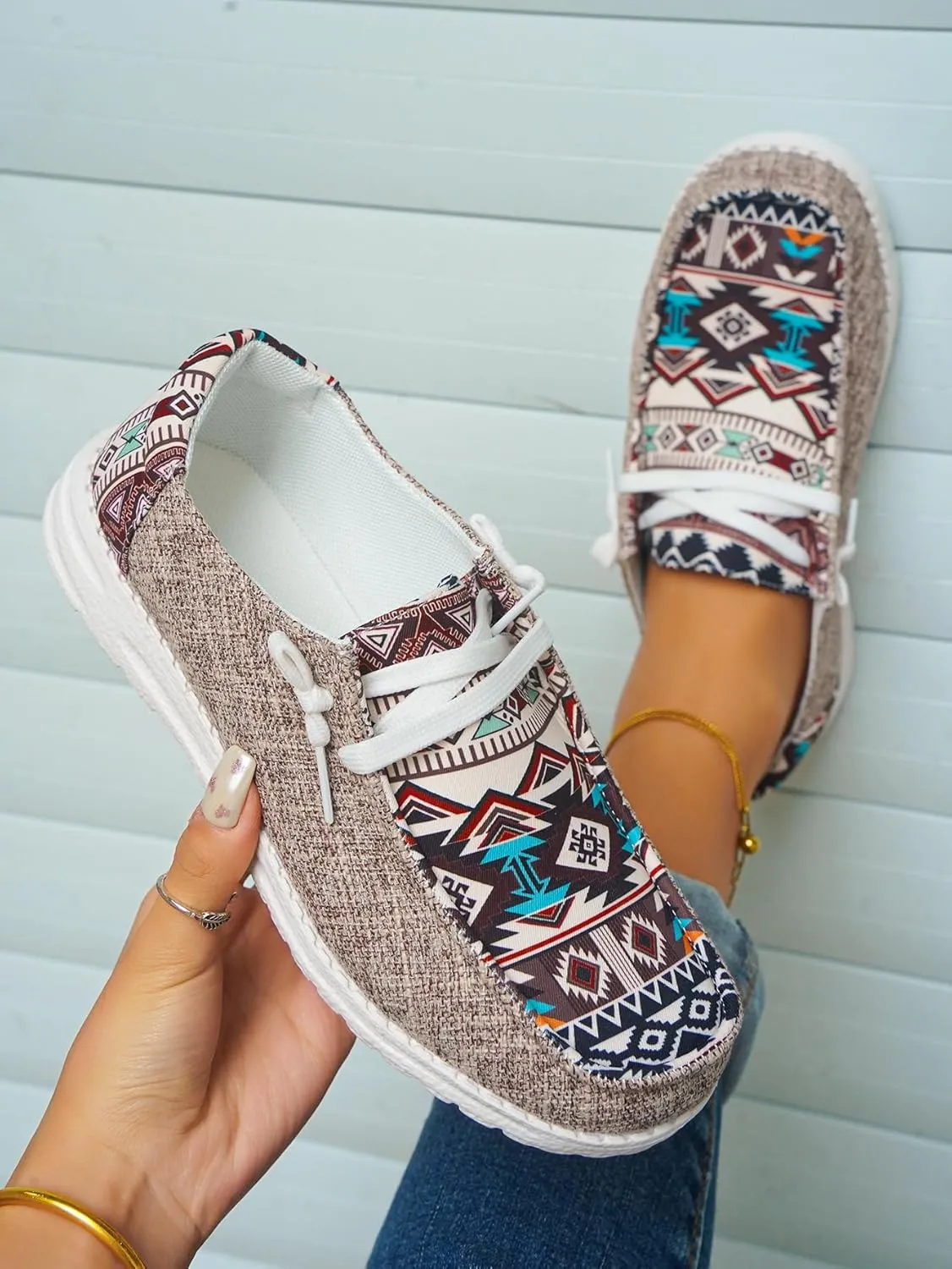 Women's Aztec Print Slip-On Loafers - Elastic Lace Comfort Shoes, Lightweight Foam Sole, Orthotic Support for Daily Wear, Trendy Casual Sneakers (US 6-11)