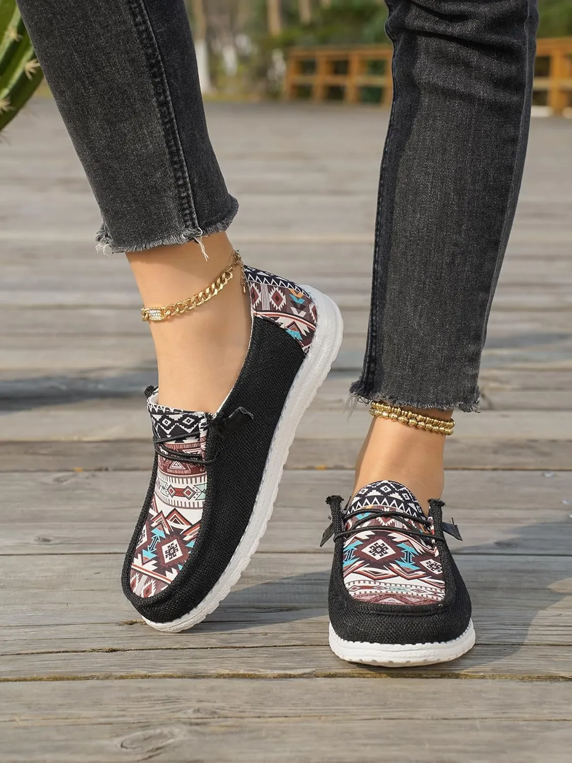 Women's Aztec Print Slip-On Loafers - Elastic Lace Comfort Shoes, Lightweight Foam Sole, Orthotic Support for Daily Wear, Trendy Casual Sneakers (US 6-11)