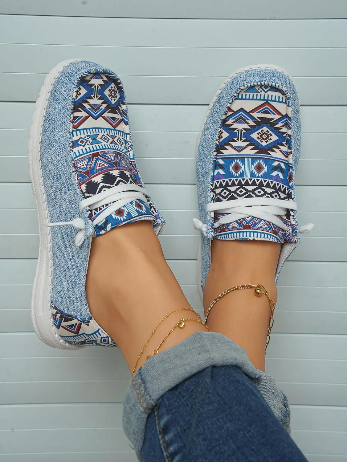 Women's Aztec Print Slip-On Loafers - Elastic Lace Comfort Shoes, Lightweight Foam Sole, Orthotic Support for Daily Wear, Trendy Casual Sneakers (US 6-11)