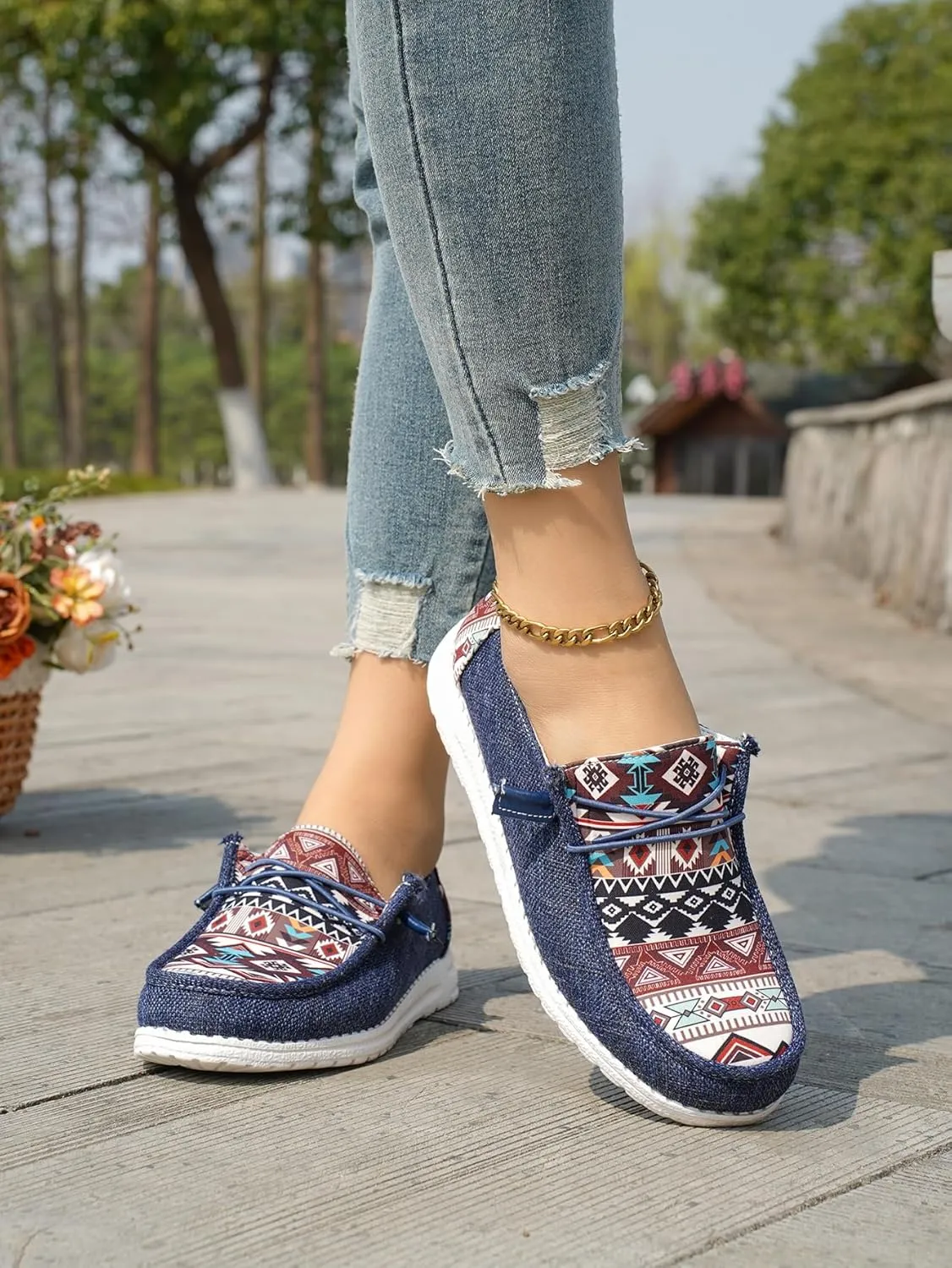 Women's Aztec Print Slip-On Loafers - Elastic Lace Comfort Shoes, Lightweight Foam Sole, Orthotic Support for Daily Wear, Trendy Casual Sneakers (US 6-11)