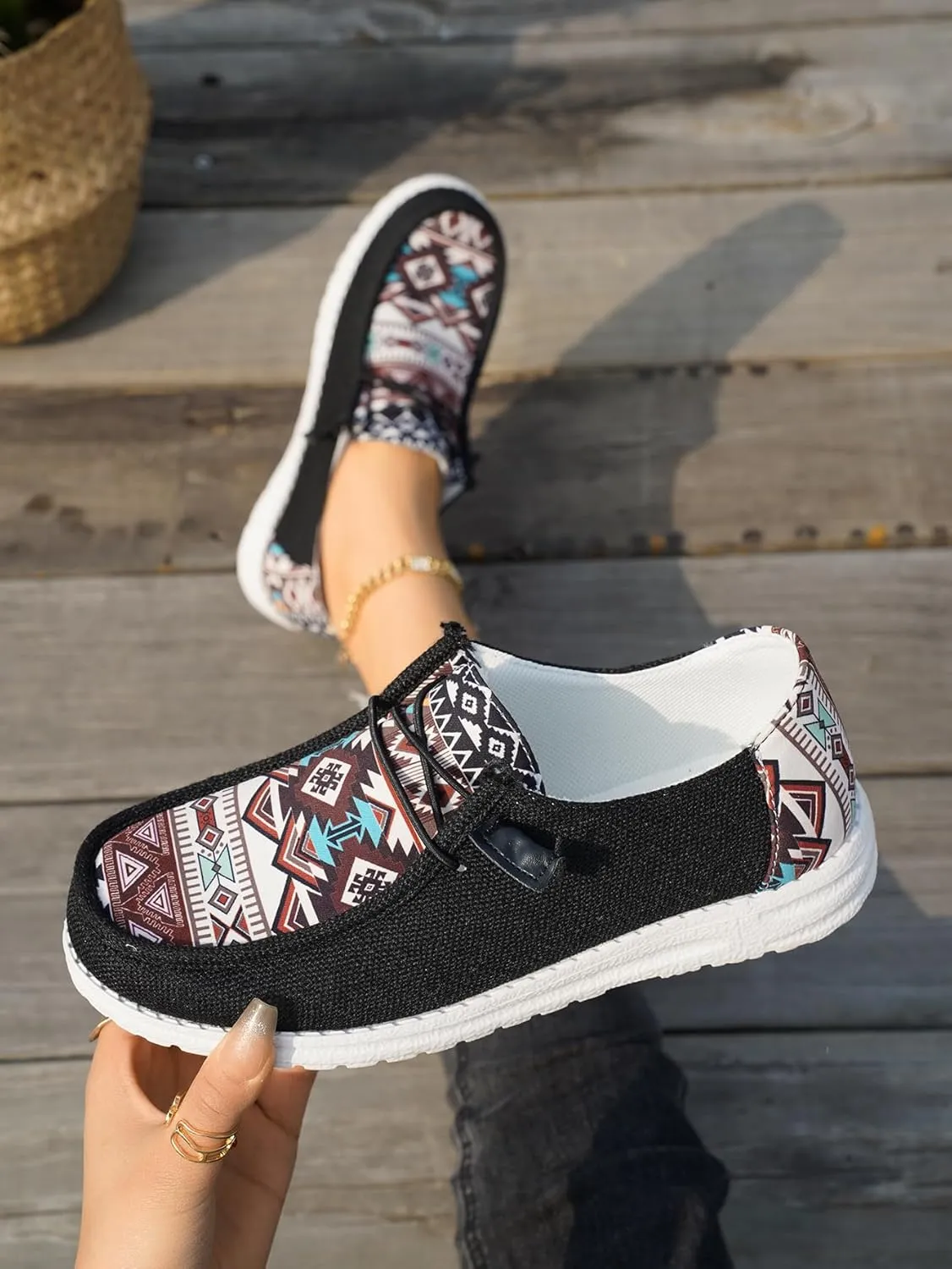 Women's Aztec Print Slip-On Loafers - Elastic Lace Comfort Shoes, Lightweight Foam Sole, Orthotic Support for Daily Wear, Trendy Casual Sneakers (US 6-11)