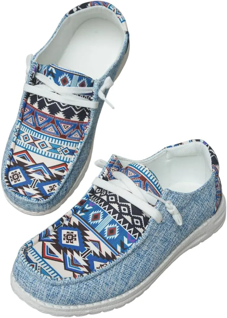 Women's Aztec Print Slip-On Loafers - Elastic Lace Comfort Shoes, Lightweight Foam Sole, Orthotic Support for Daily Wear, Trendy Casual Sneakers (US 6-11)