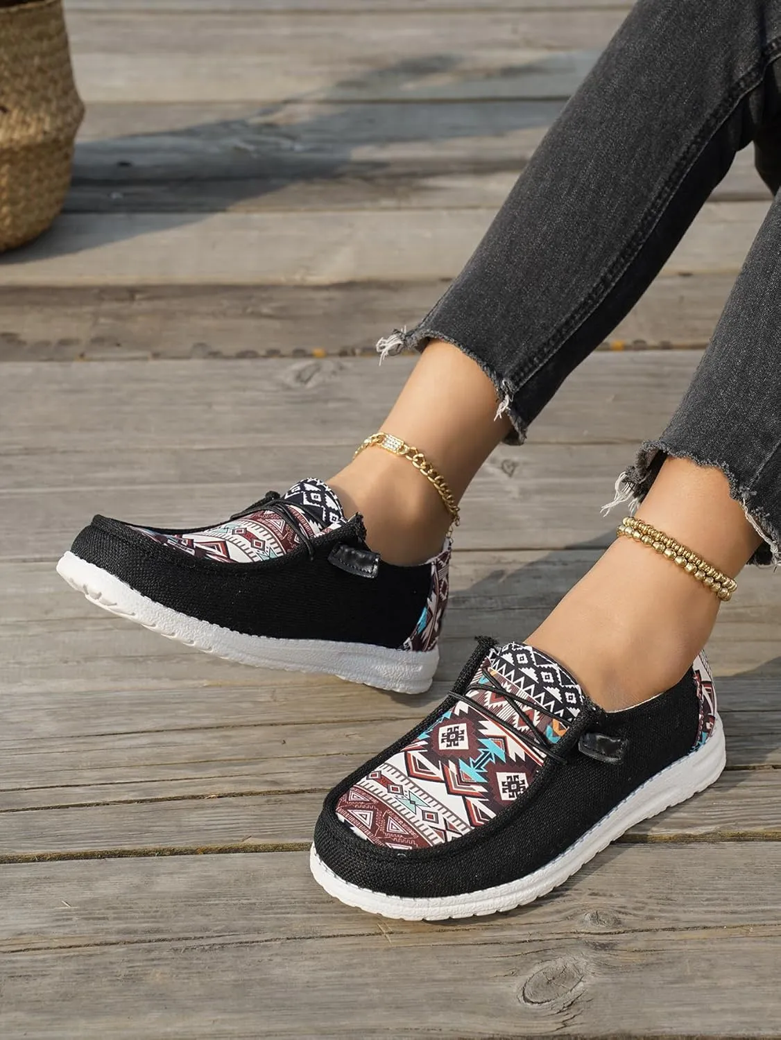 Women's Aztec Print Slip-On Loafers - Elastic Lace Comfort Shoes, Lightweight Foam Sole, Orthotic Support for Daily Wear, Trendy Casual Sneakers (US 6-11)