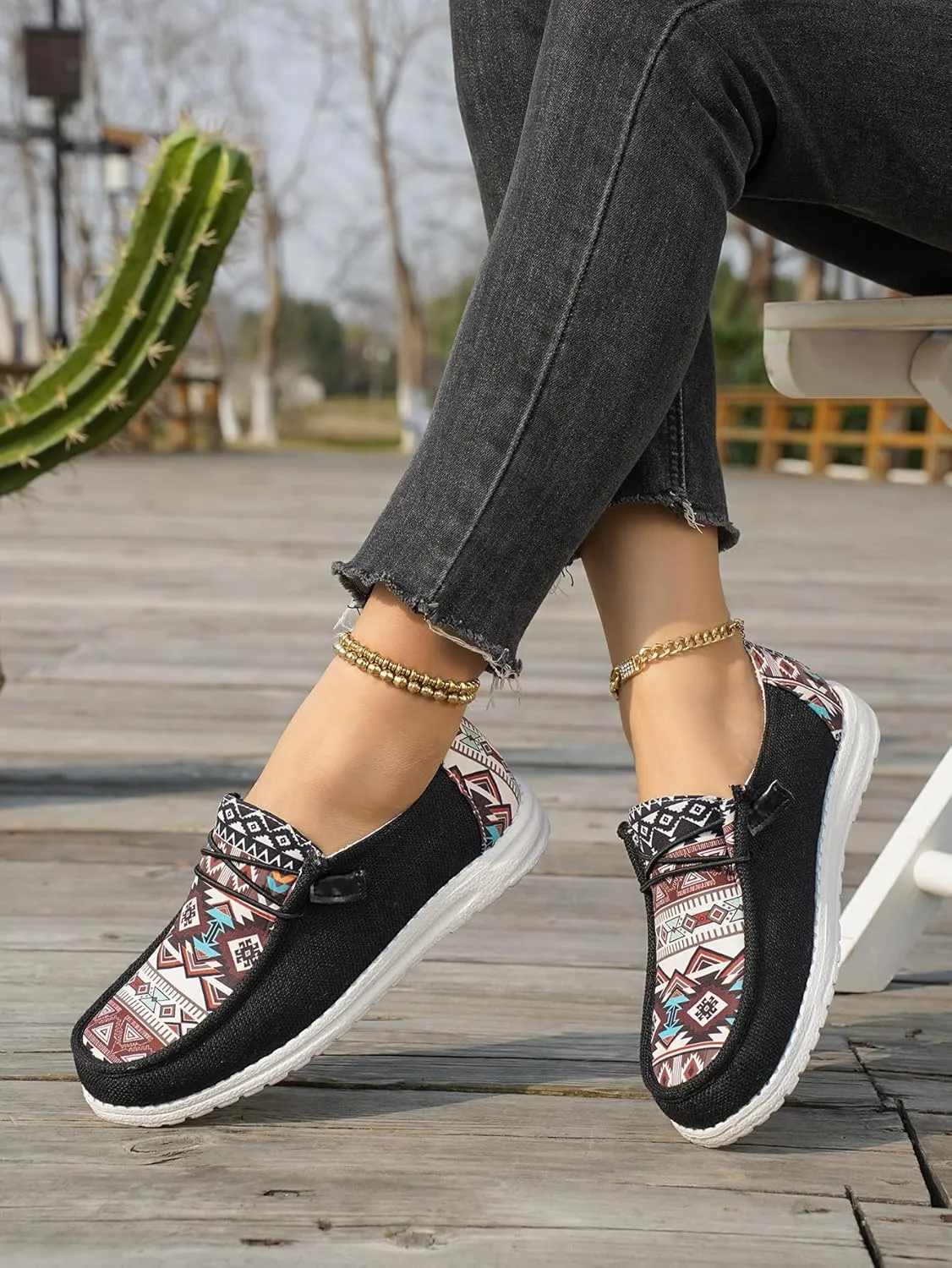 Women's Aztec Print Slip-On Loafers - Elastic Lace Comfort Shoes, Lightweight Foam Sole, Orthotic Support for Daily Wear, Trendy Casual Sneakers (US 6-11)