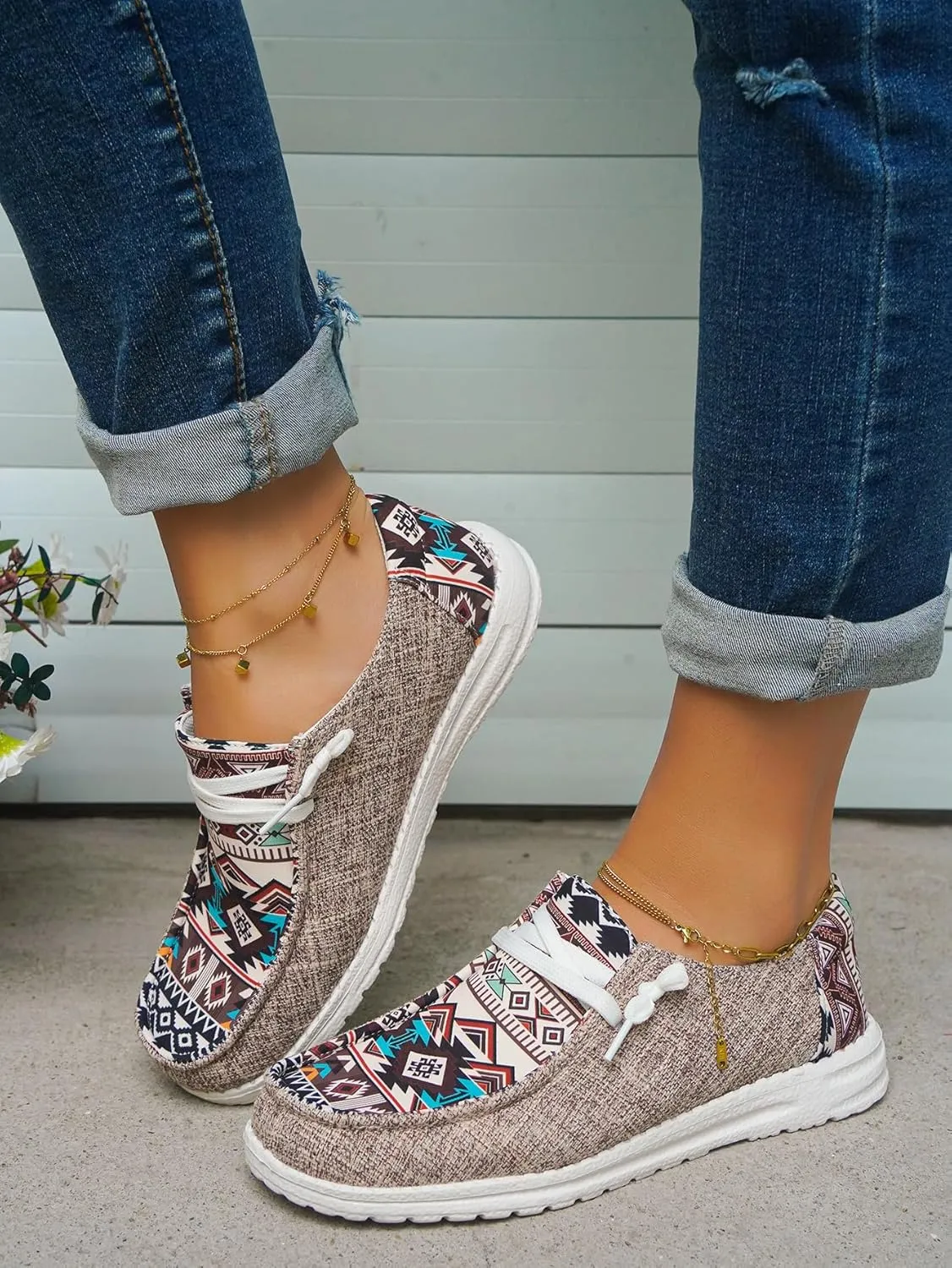 Women's Aztec Print Slip-On Loafers - Elastic Lace Comfort Shoes, Lightweight Foam Sole, Orthotic Support for Daily Wear, Trendy Casual Sneakers (US 6-11)