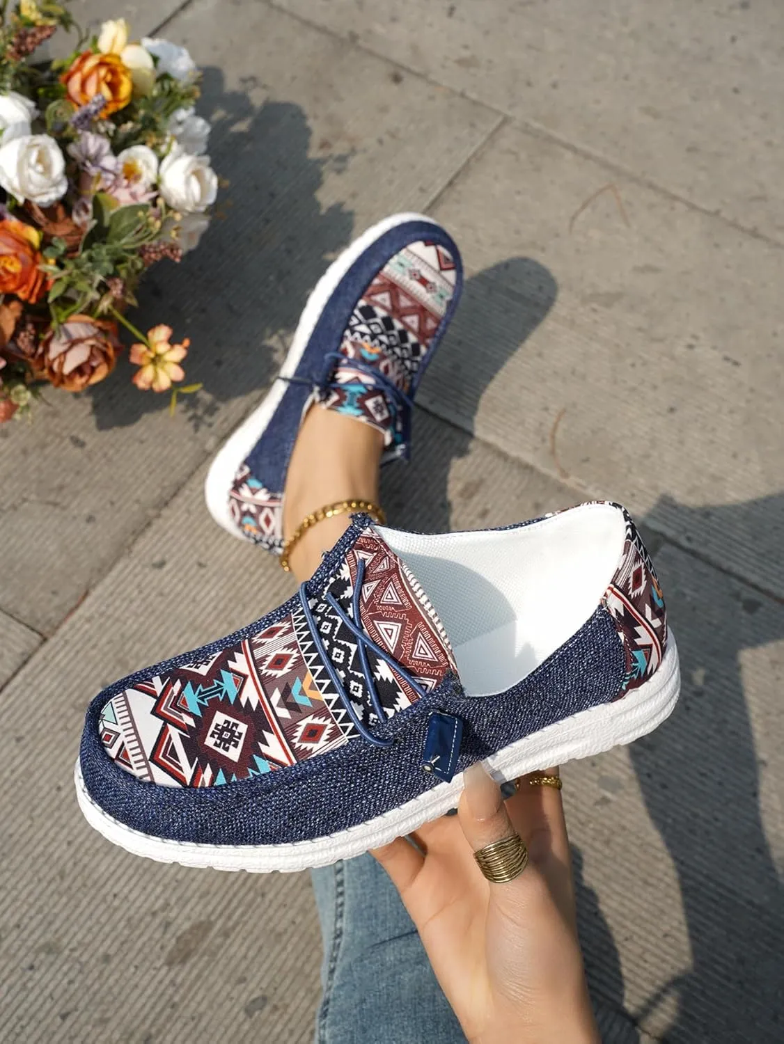 Women's Aztec Print Slip-On Loafers - Elastic Lace Comfort Shoes, Lightweight Foam Sole, Orthotic Support for Daily Wear, Trendy Casual Sneakers (US 6-11)