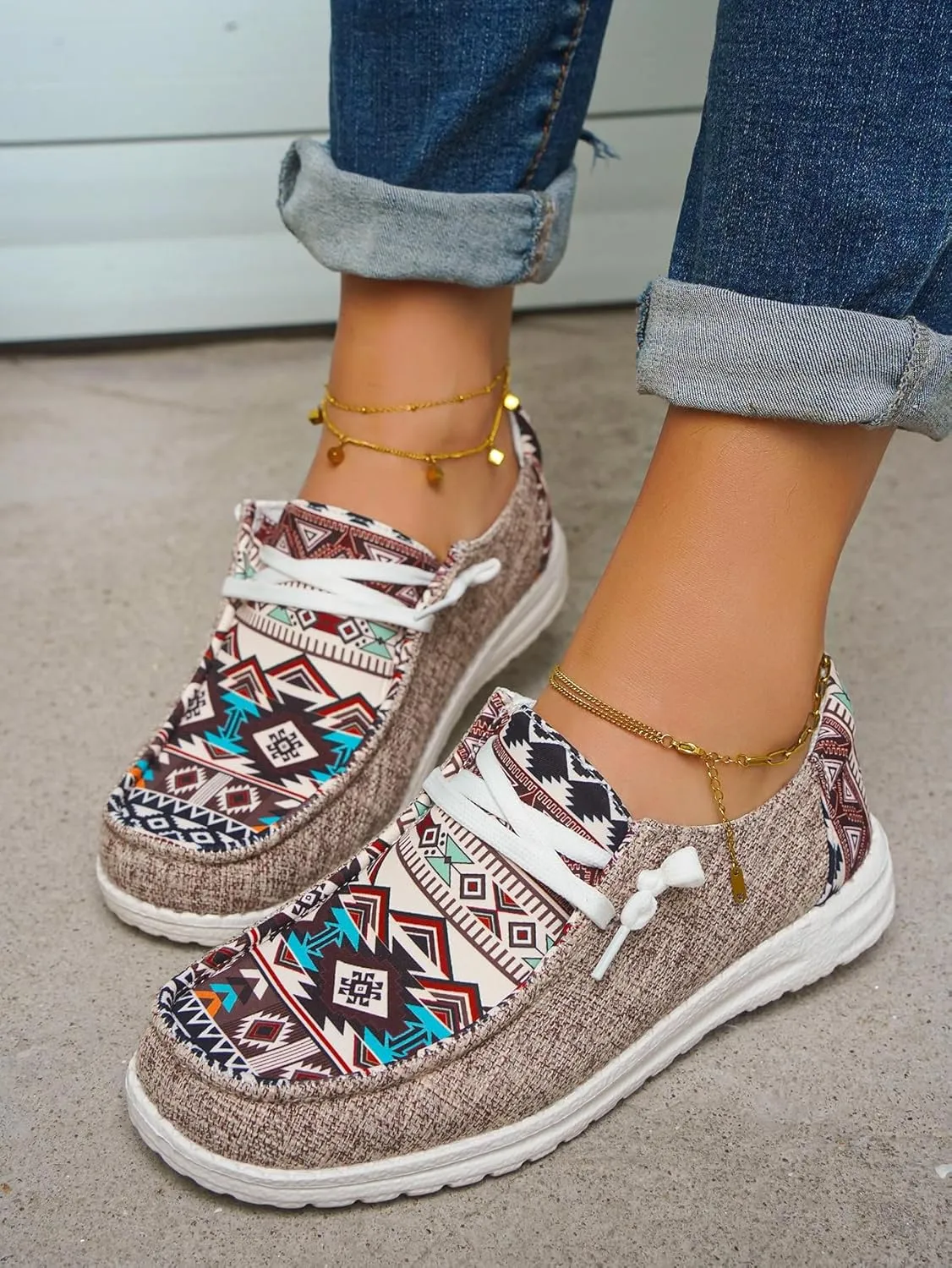 Women's Aztec Print Slip-On Loafers - Elastic Lace Comfort Shoes, Lightweight Foam Sole, Orthotic Support for Daily Wear, Trendy Casual Sneakers (US 6-11)