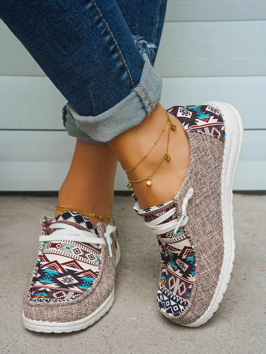 Women's Aztec Print Slip-On Loafers - Elastic Lace Comfort Shoes, Lightweight Foam Sole, Orthotic Support for Daily Wear, Trendy Casual Sneakers (US 6-11)