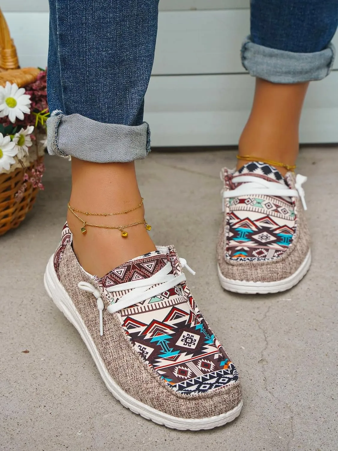 Women's Aztec Print Slip-On Loafers - Elastic Lace Comfort Shoes, Lightweight Foam Sole, Orthotic Support for Daily Wear, Trendy Casual Sneakers (US 6-11)
