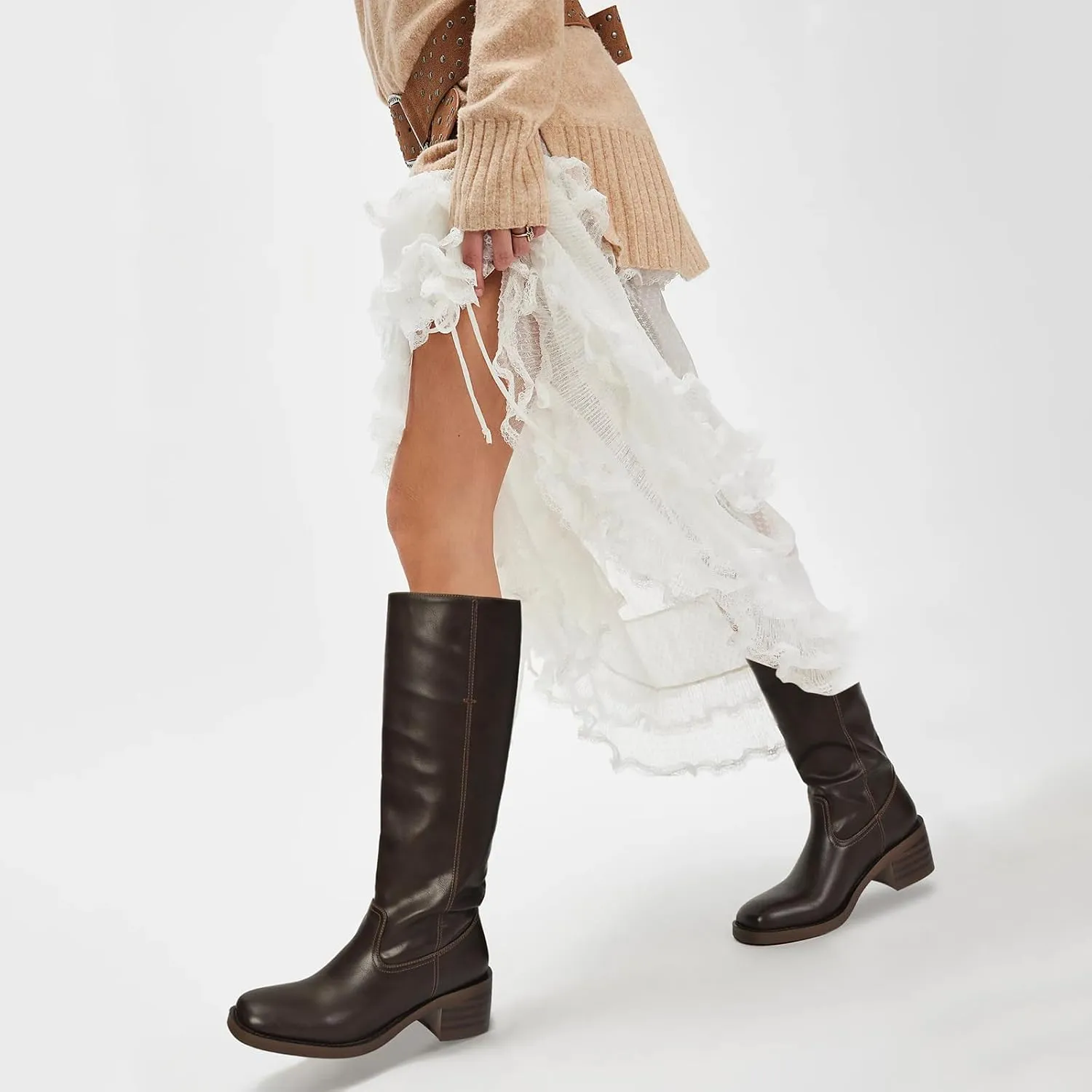 Womens Banana Knee High Boots Square Toe Comfortable Campus Boots Block Heel Riding Boots Wide Calf Long Tall Boots